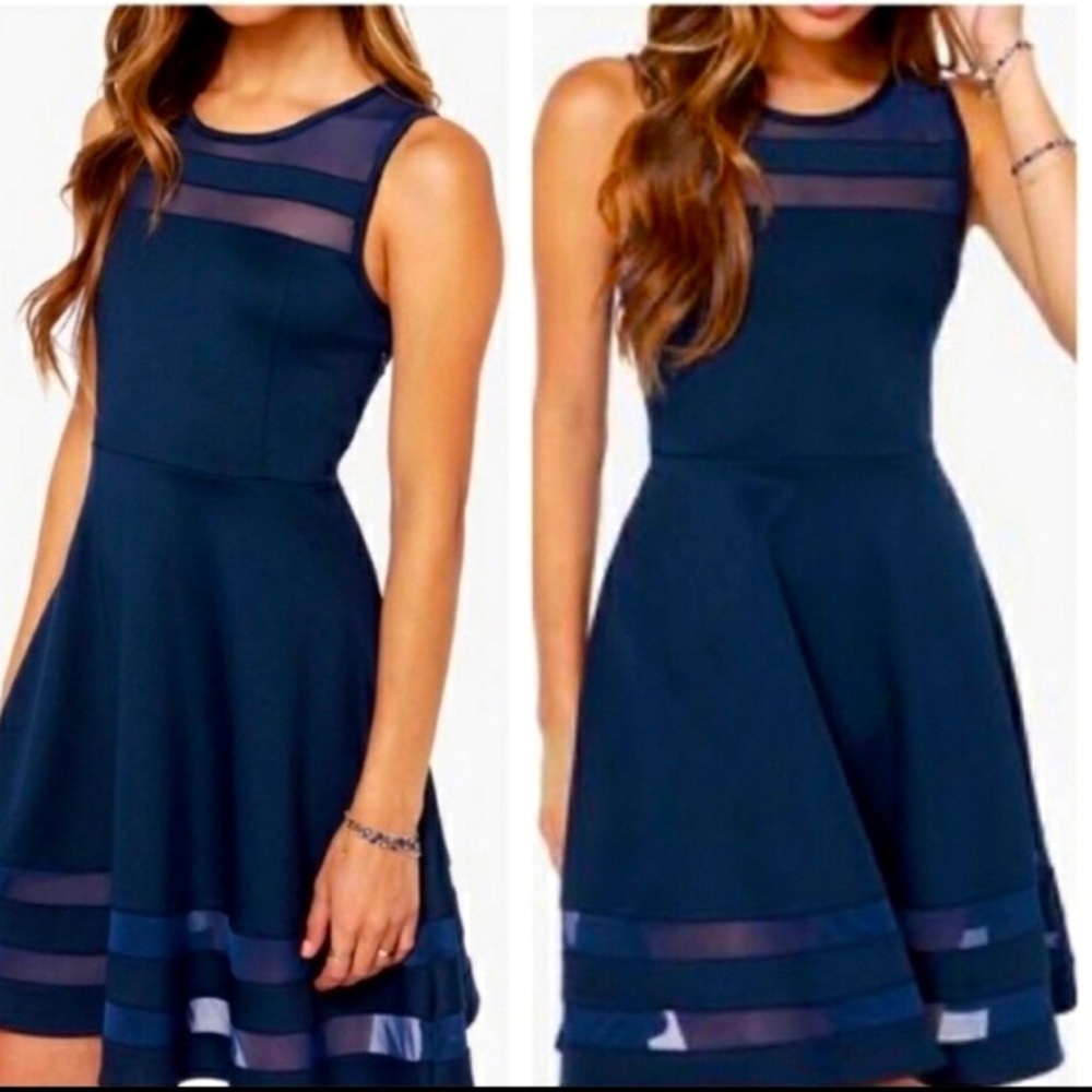 Lulu’s Sheer Determination Mesh Dress NWT Navy Blue Women’s Sz XS‎ Fit and Flare